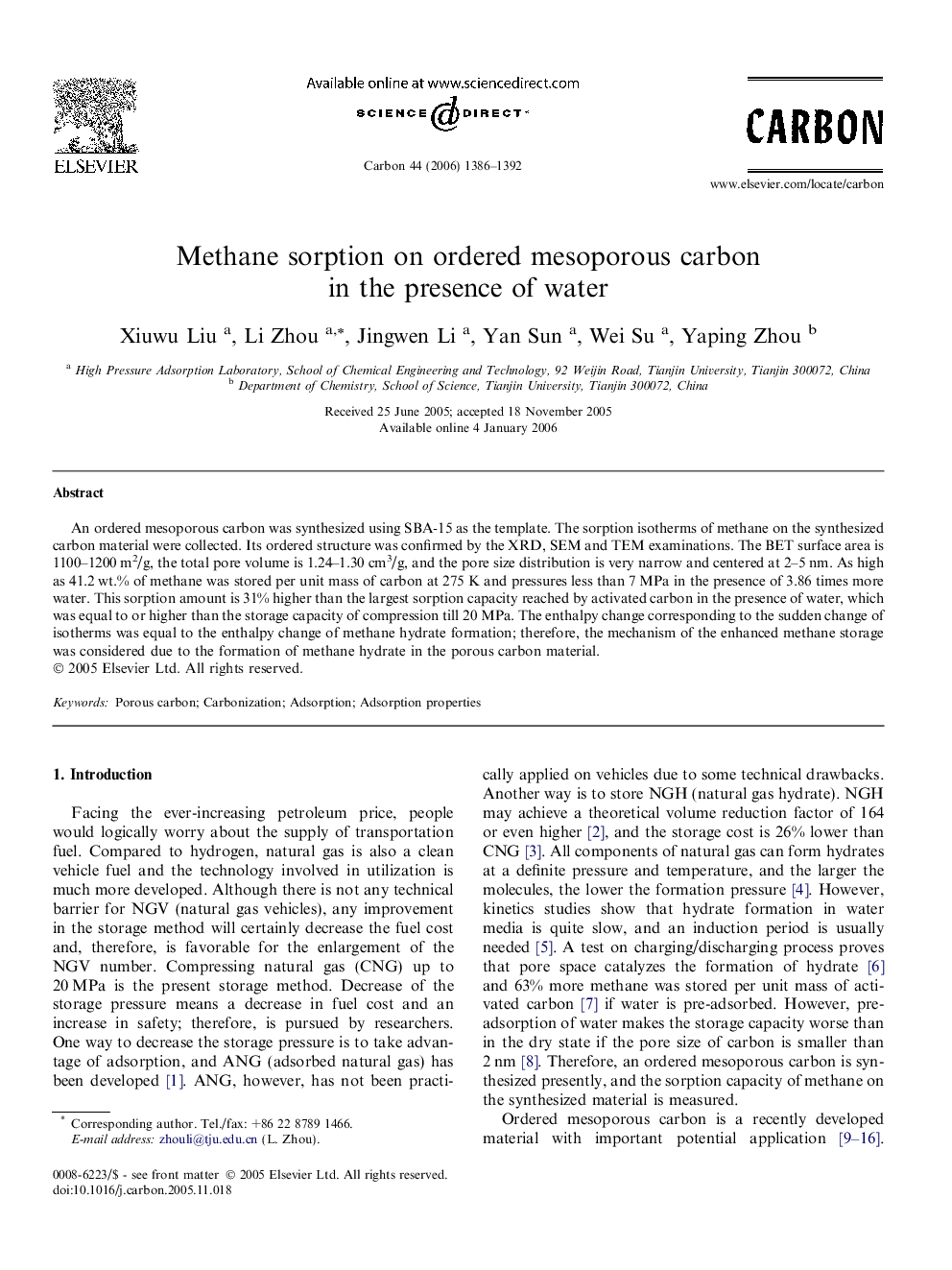 Methane sorption on ordered mesoporous carbon in the presence of water