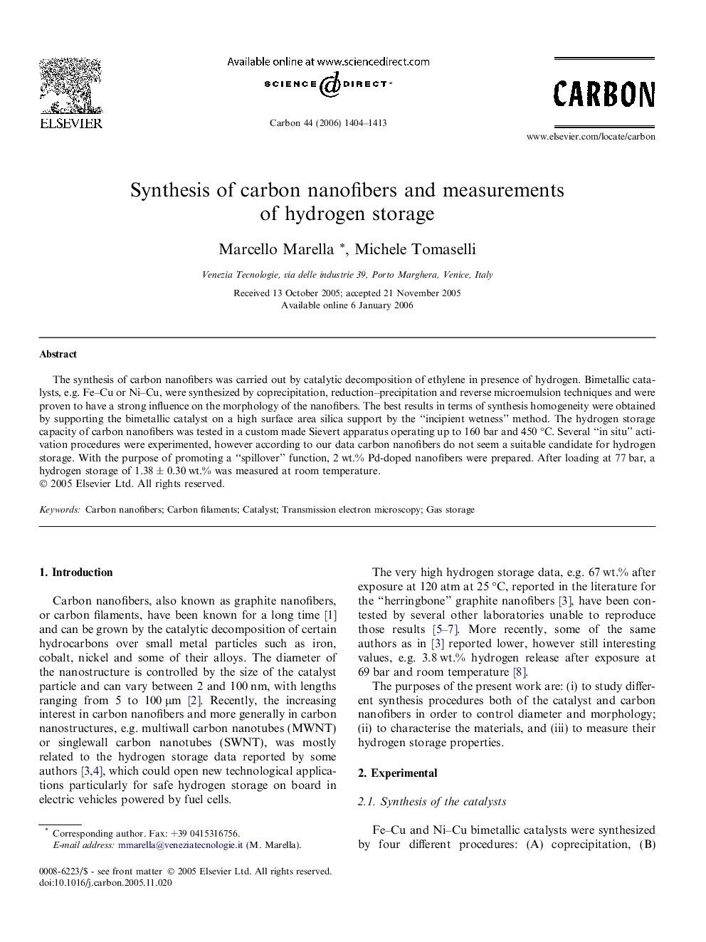 Synthesis of carbon nanofibers and measurements of hydrogen storage