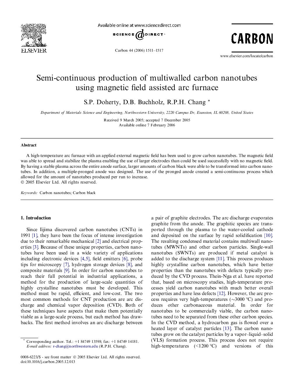 Semi-continuous production of multiwalled carbon nanotubes using magnetic field assisted arc furnace