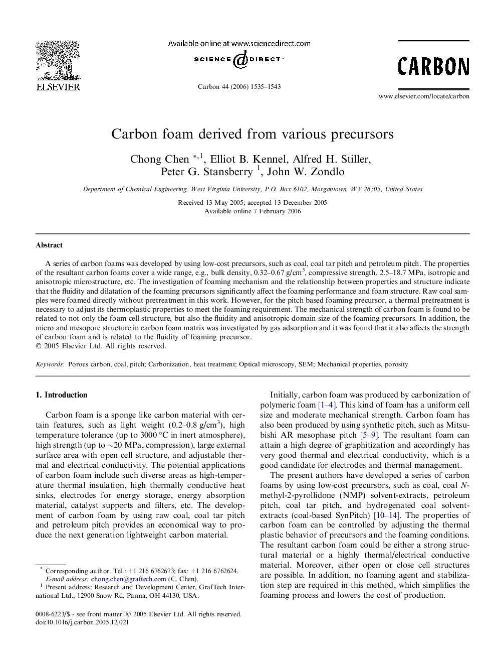 Carbon foam derived from various precursors