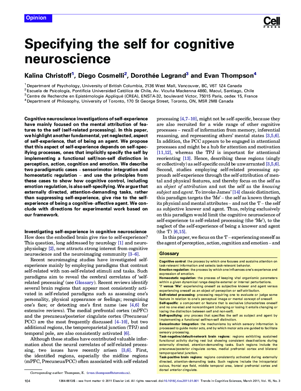 Specifying the self for cognitive neuroscience