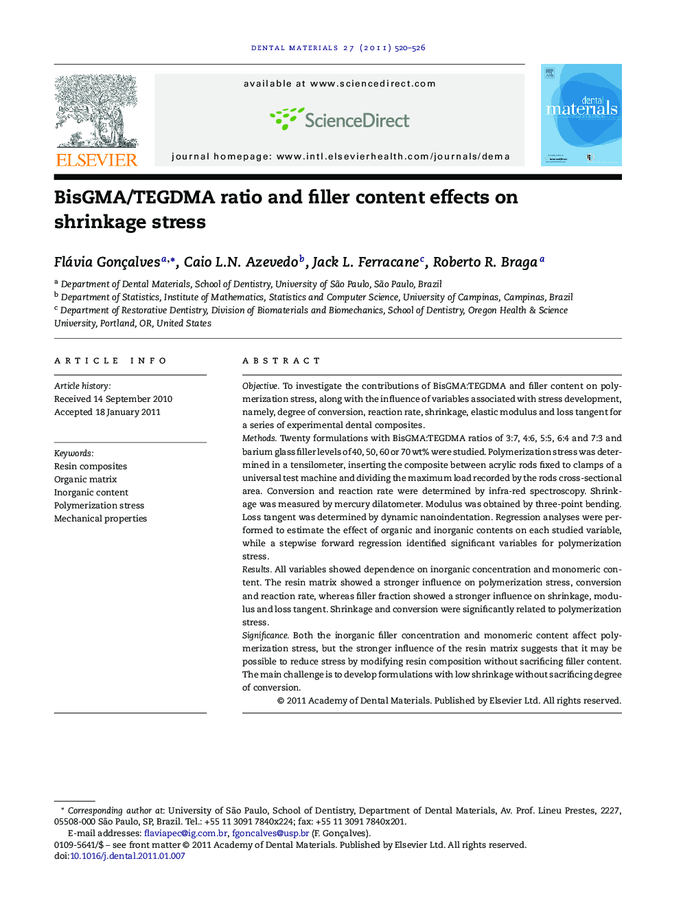 BisGMA/TEGDMA ratio and filler content effects on shrinkage stress