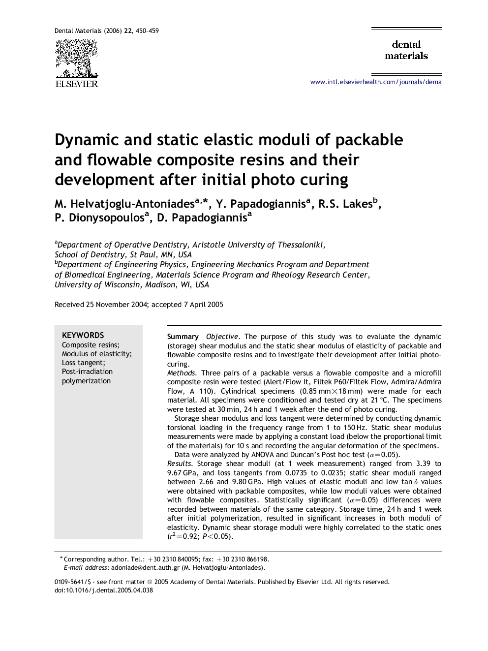Dynamic and static elastic moduli of packable and flowable composite resins and their development after initial photo curing