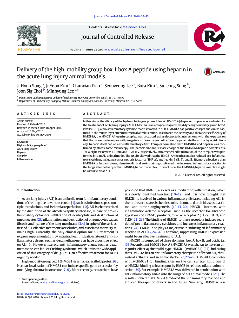 Delivery of the high-mobility group box 1 box A peptide using heparin in the acute lung injury animal models