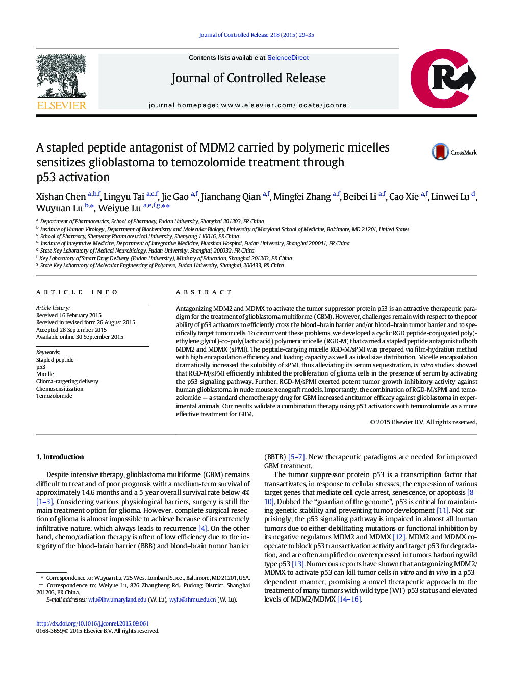 A stapled peptide antagonist of MDM2 carried by polymeric micelles sensitizes glioblastoma to temozolomide treatment through p53 activation