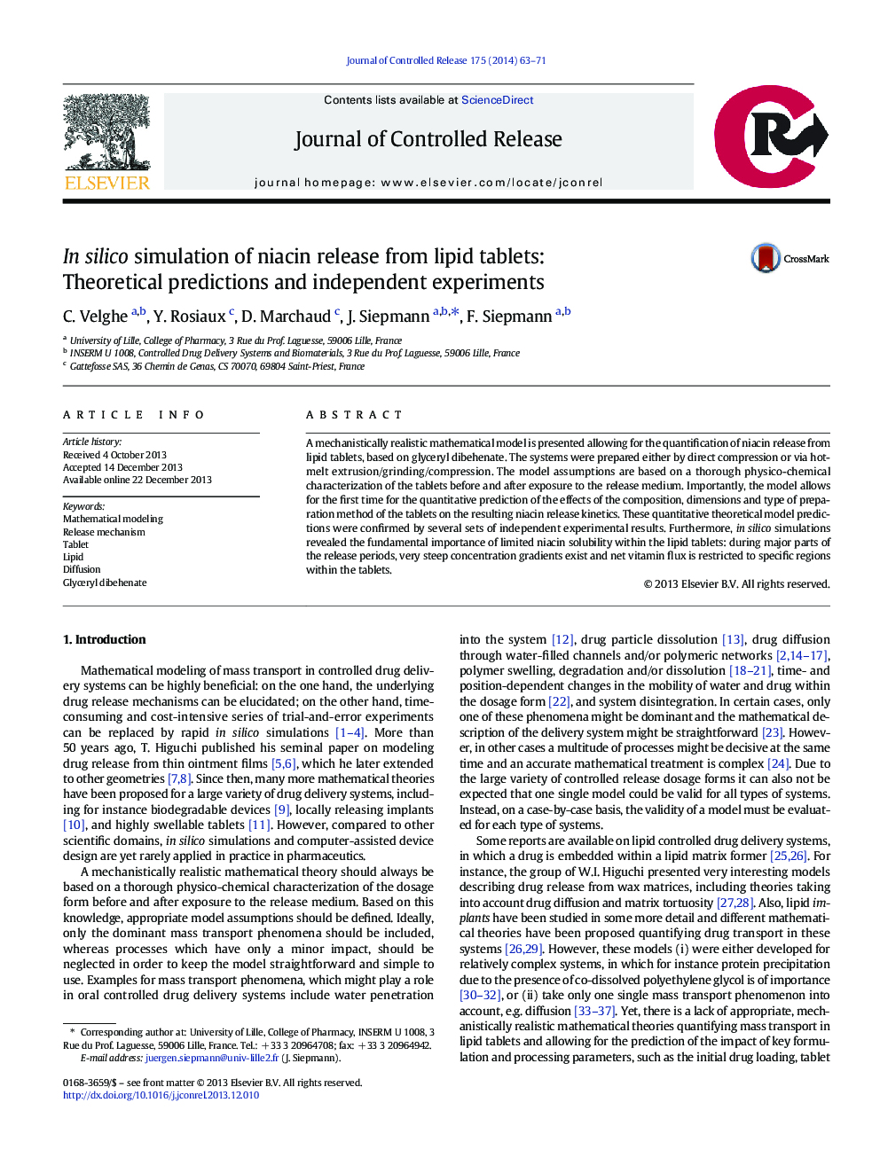 در شبیه سازی سیلیکا انتشار نایسین از قرص های چربی: پیش بینی های نظری و آزمایش های مستقل 