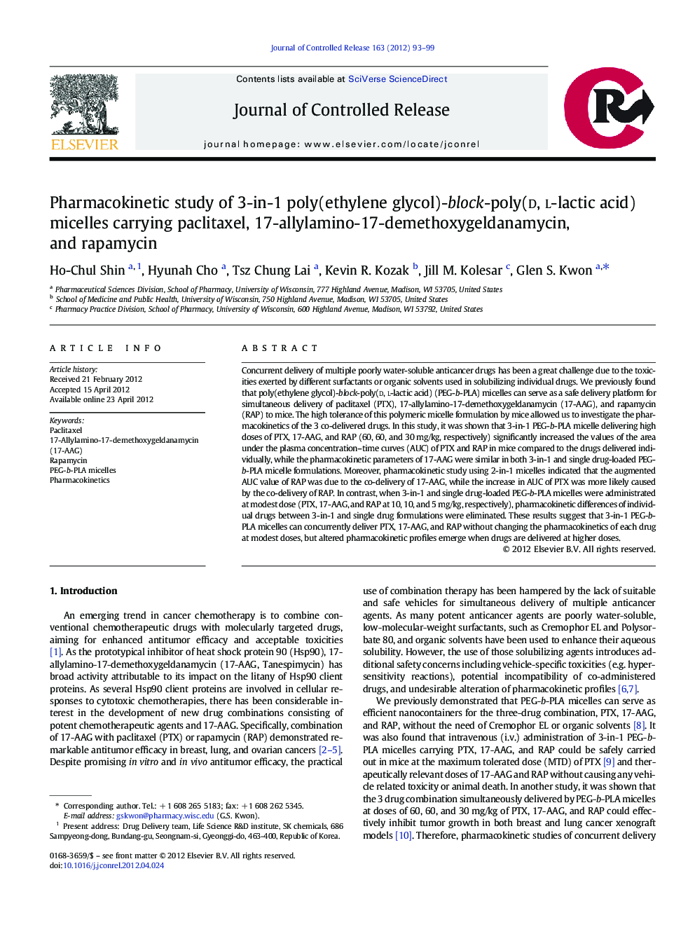Pharmacokinetic study of 3-in-1 poly(ethylene glycol)-block-poly(D, L-lactic acid) micelles carrying paclitaxel, 17-allylamino-17-demethoxygeldanamycin, and rapamycin