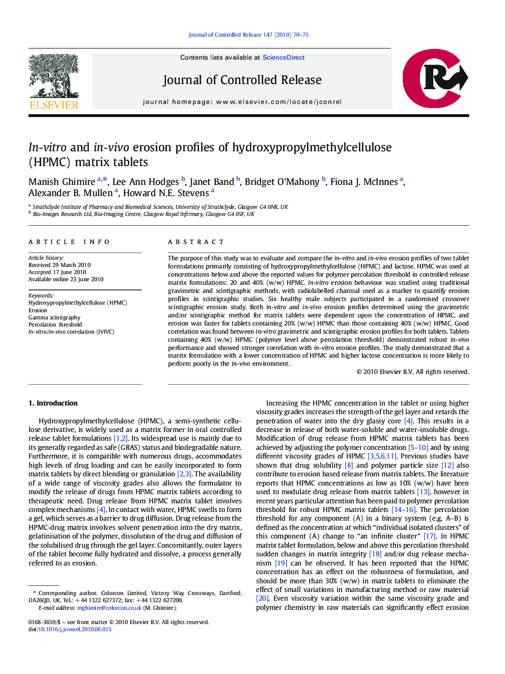 In-vitro and in-vivo erosion profiles of hydroxypropylmethylcellulose (HPMC) matrix tablets