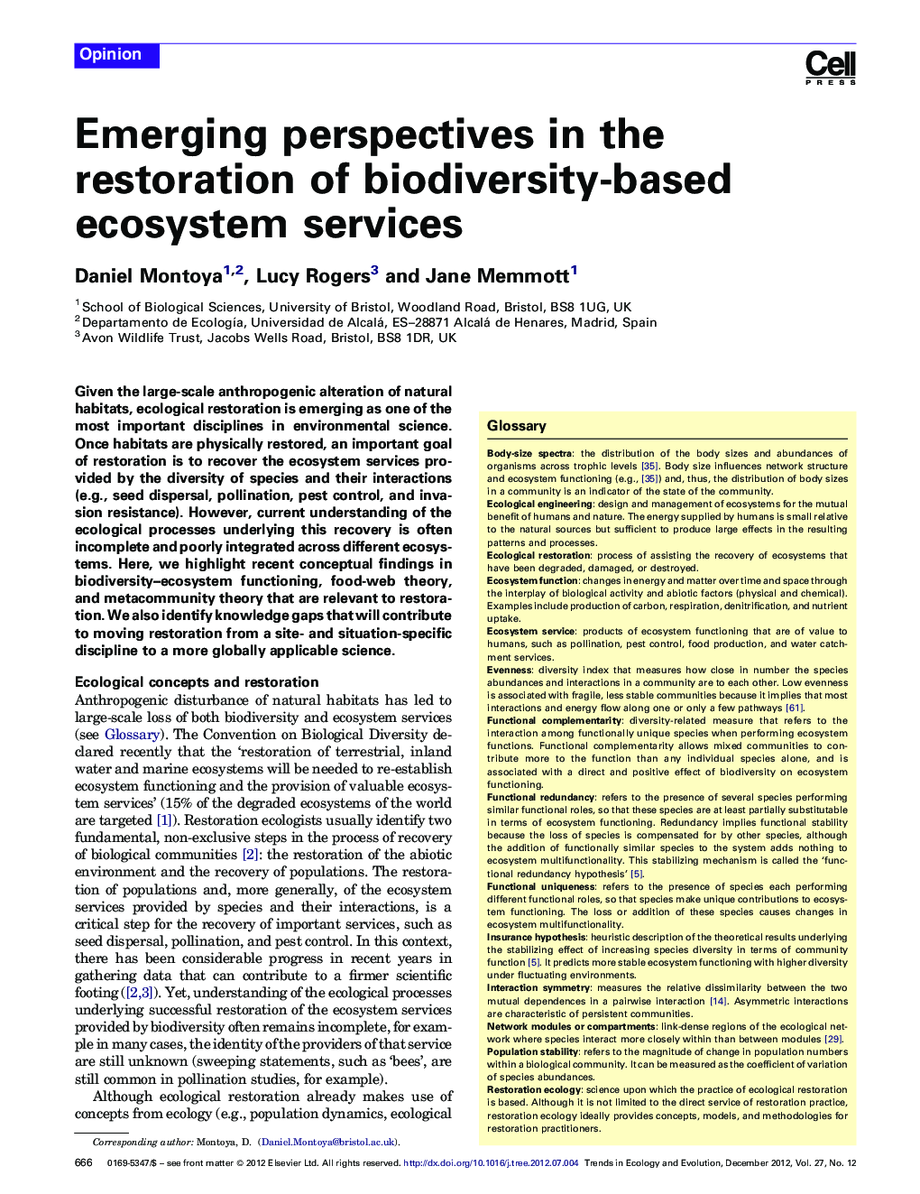 Emerging perspectives in the restoration of biodiversity-based ecosystem services
