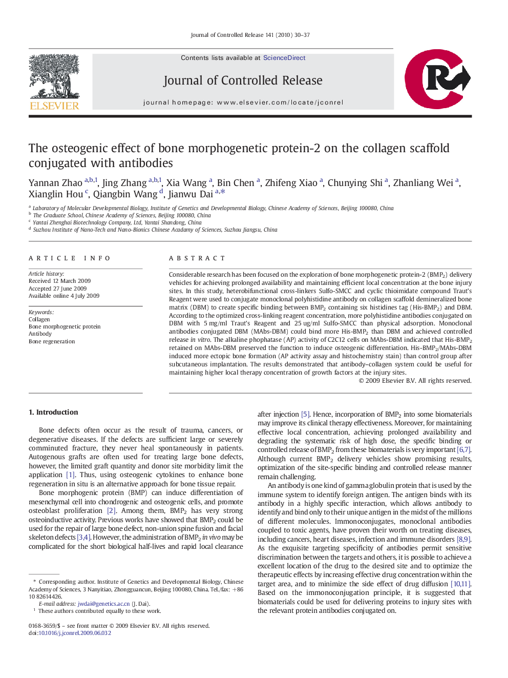 The osteogenic effect of bone morphogenetic protein-2 on the collagen scaffold conjugated with antibodies