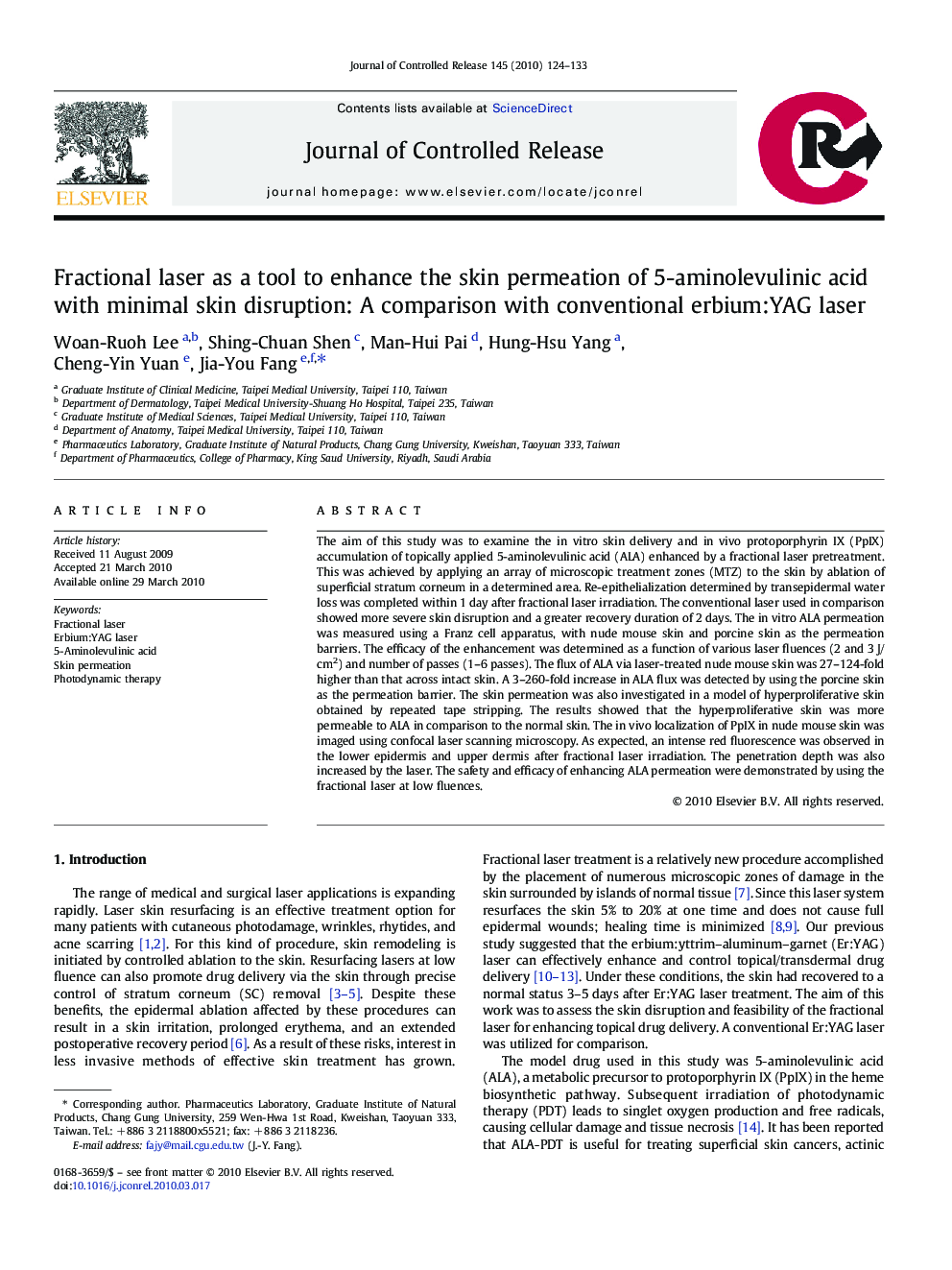 Fractional laser as a tool to enhance the skin permeation of 5-aminolevulinic acid with minimal skin disruption: A comparison with conventional erbium:YAG laser