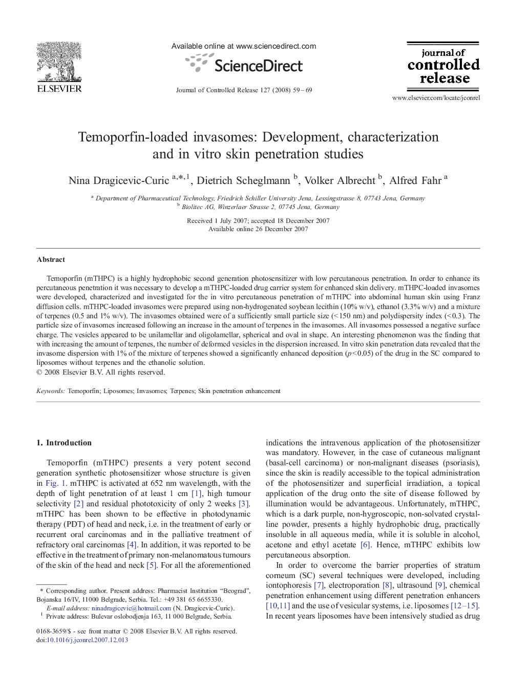 Temoporfin-loaded invasomes: Development, characterization and in vitro skin penetration studies