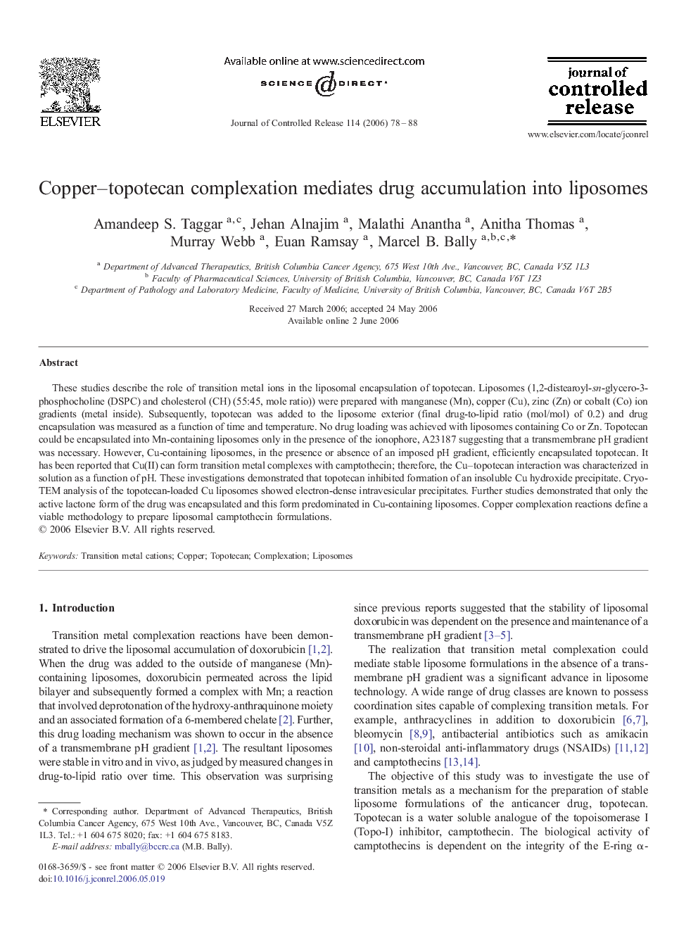 Copper–topotecan complexation mediates drug accumulation into liposomes