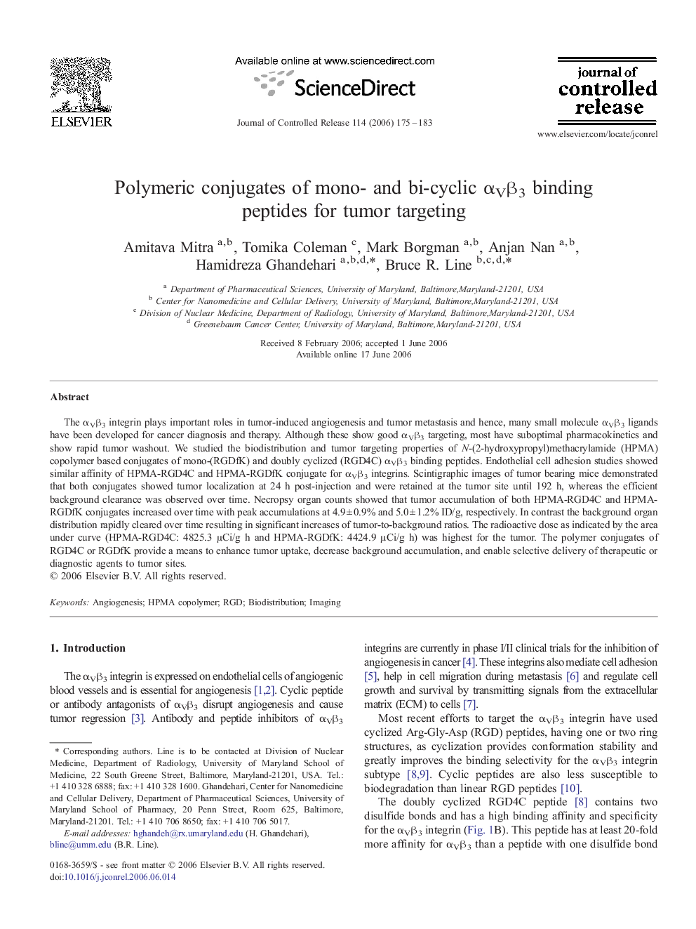 Polymeric conjugates of mono- and bi-cyclic αVβ3 binding peptides for tumor targeting