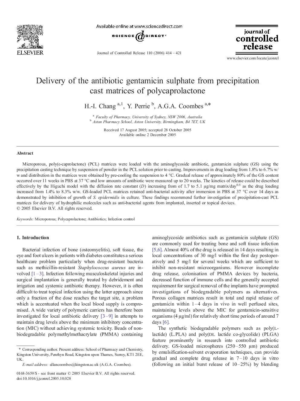Delivery of the antibiotic gentamicin sulphate from precipitation cast matrices of polycaprolactone