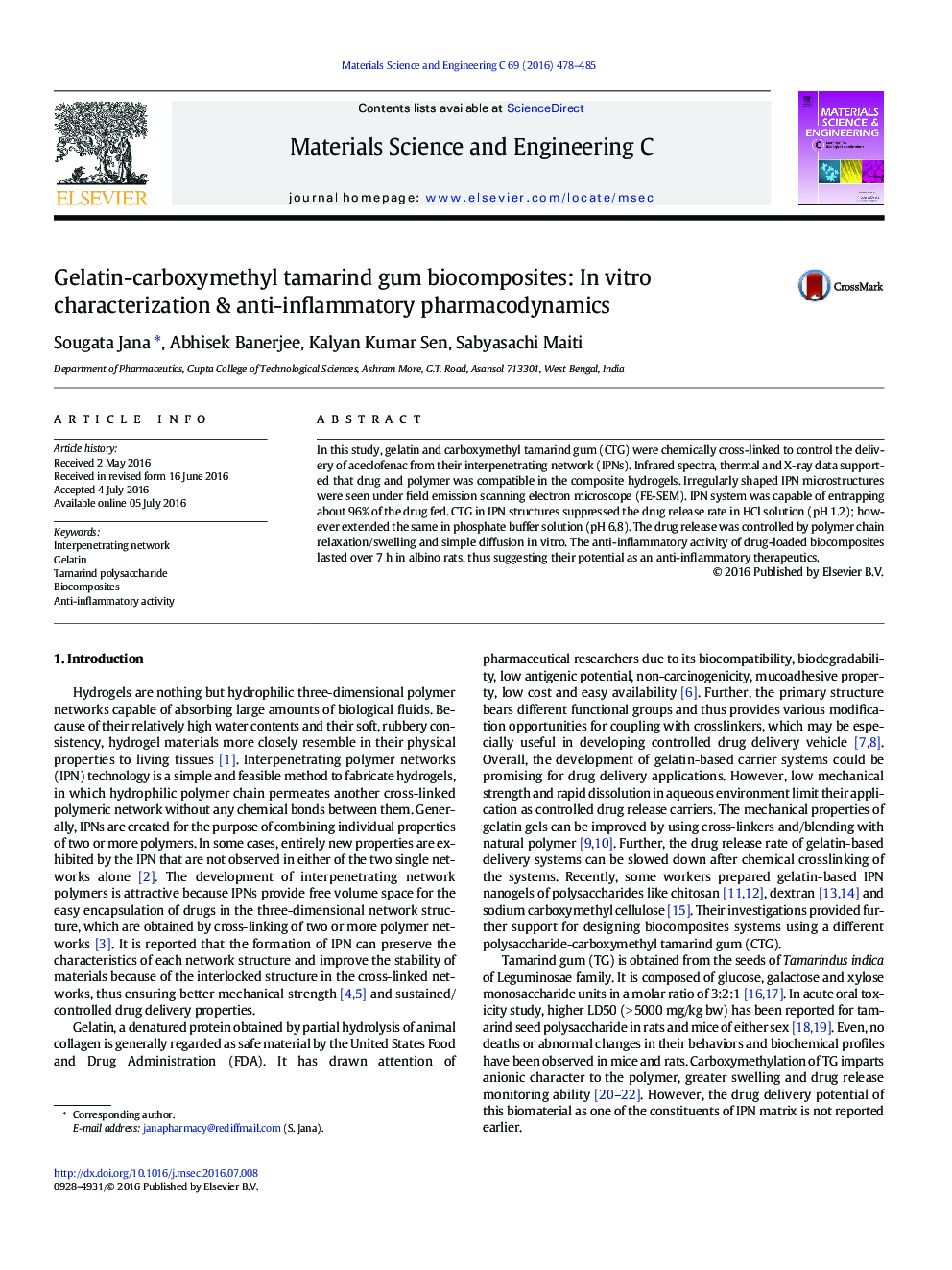 Gelatin-carboxymethyl tamarind gum biocomposites: In vitro characterization & anti-inflammatory pharmacodynamics