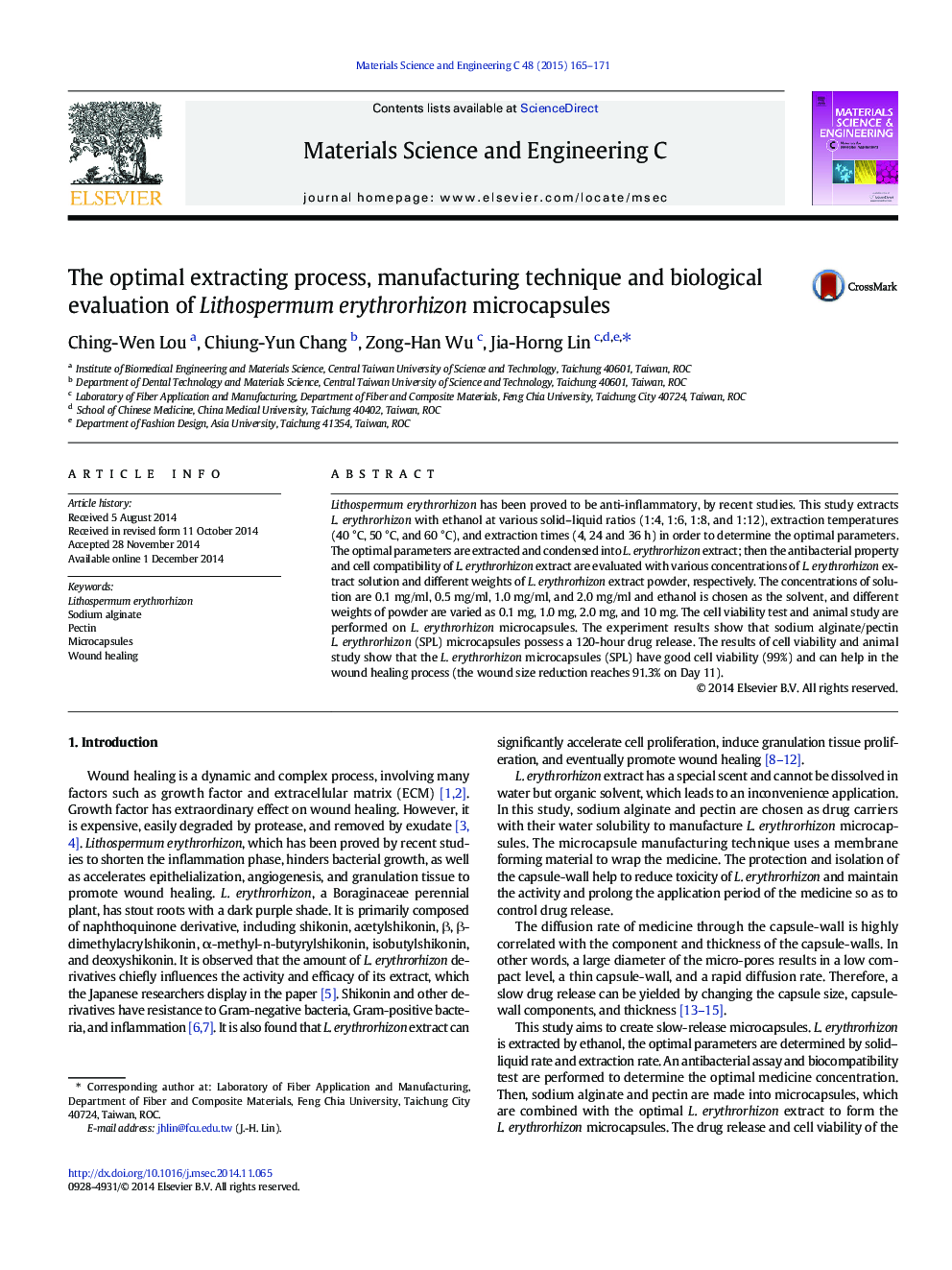 The optimal extracting process, manufacturing technique and biological evaluation of Lithospermum erythrorhizon microcapsules