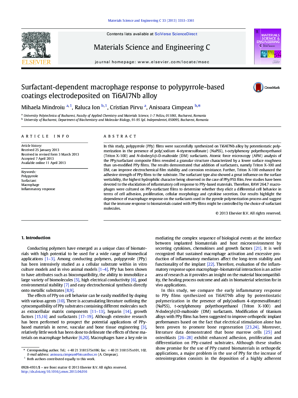 Surfactant-dependent macrophage response to polypyrrole-based coatings electrodeposited on Ti6Al7Nb alloy