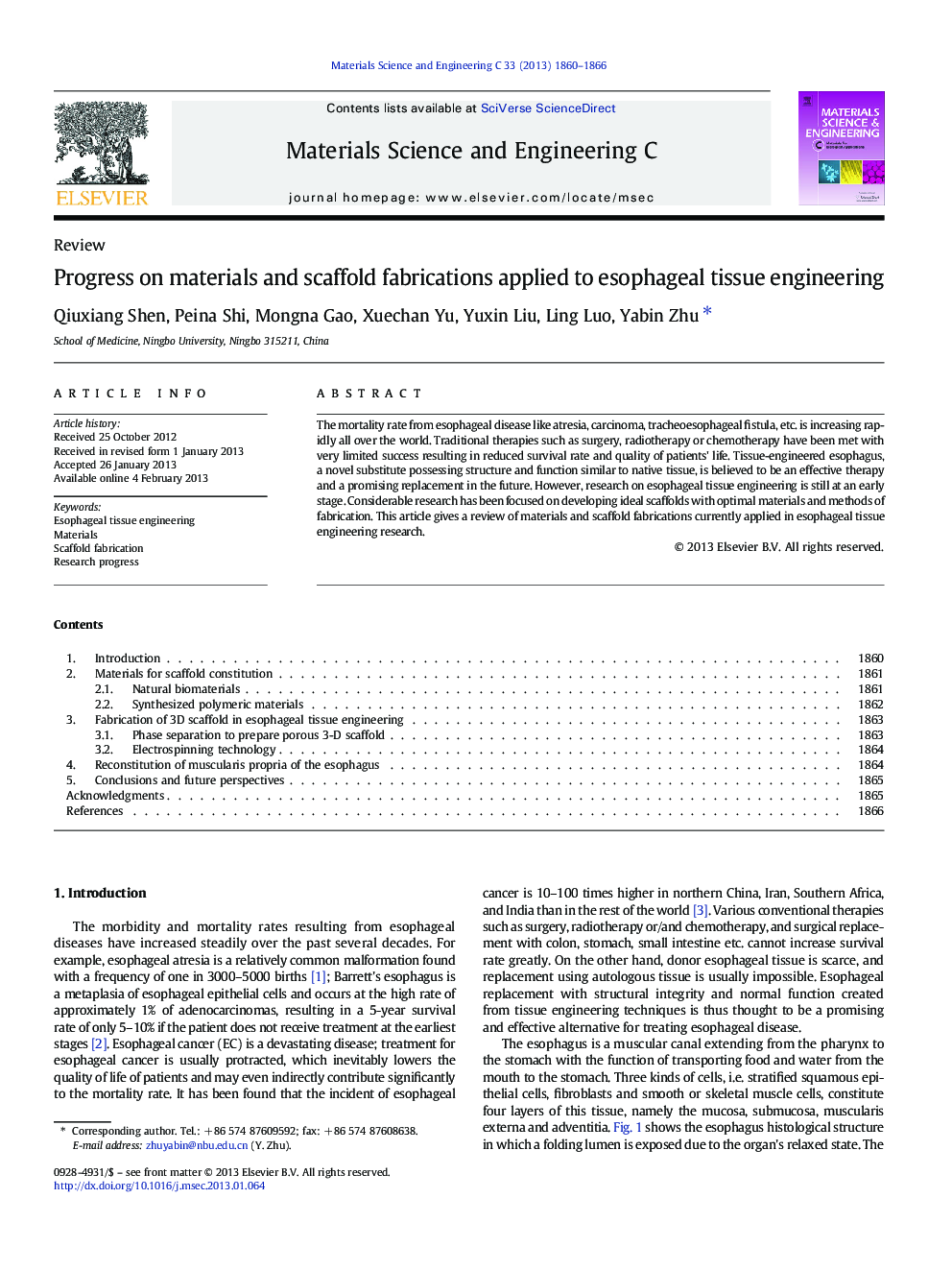 Progress on materials and scaffold fabrications applied to esophageal tissue engineering