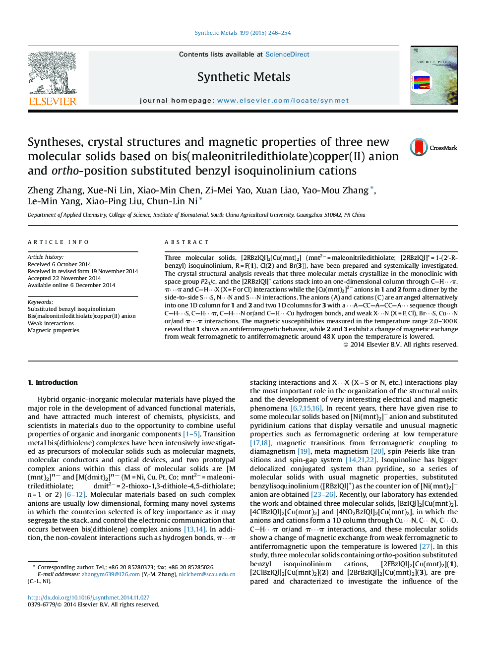 Syntheses, crystal structures and magnetic properties of three new molecular solids based on bis(maleonitriledithiolate)copper(II) anion and ortho-position substituted benzyl isoquinolinium cations