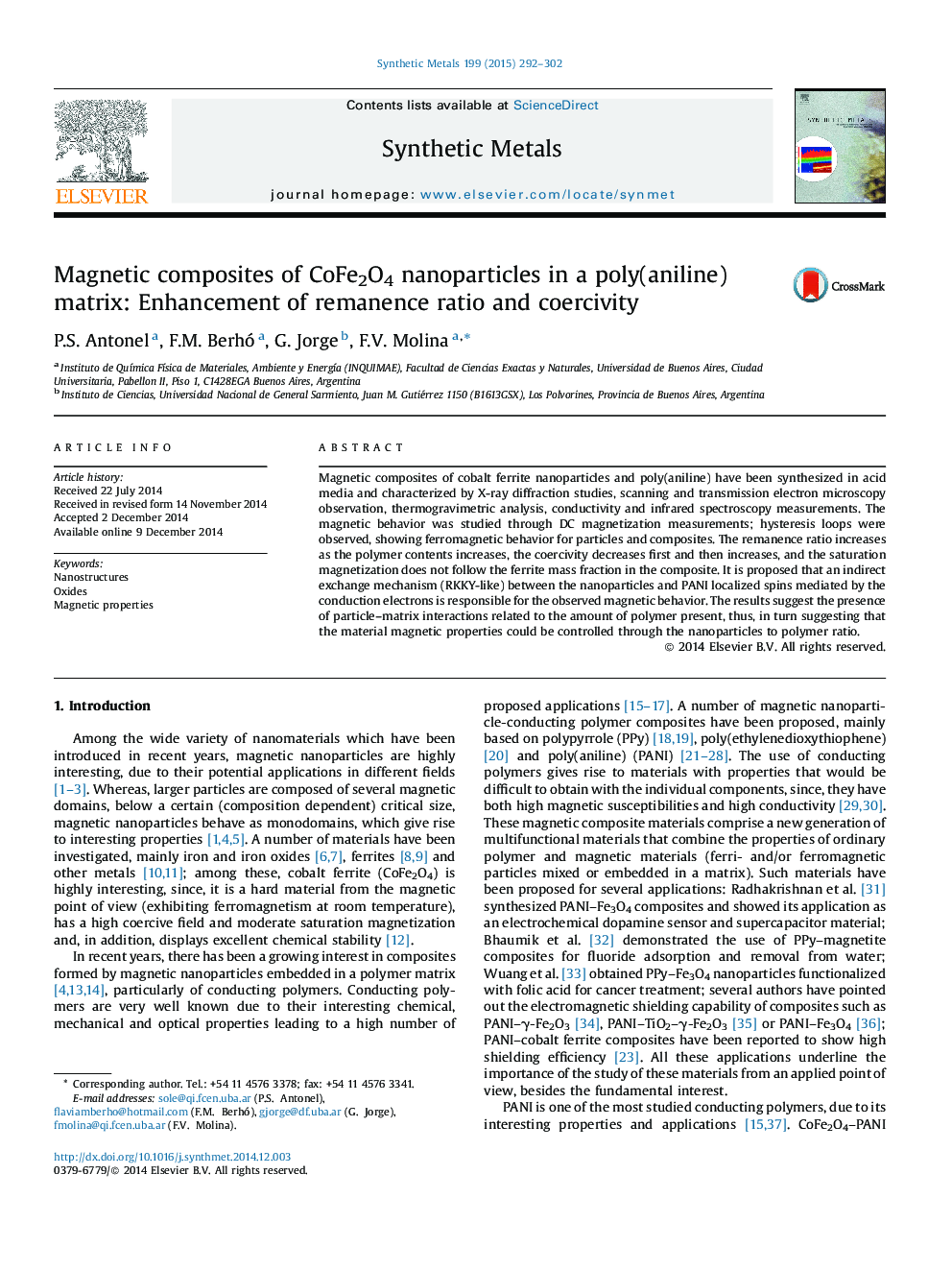 Magnetic composites of CoFe2O4 nanoparticles in a poly(aniline) matrix: Enhancement of remanence ratio and coercivity