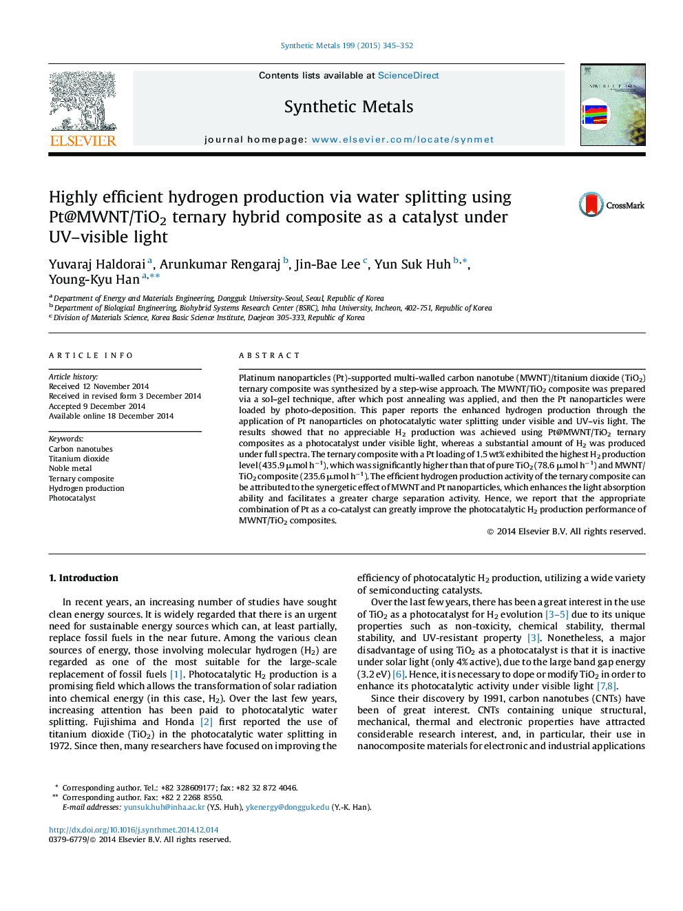 Highly efficient hydrogen production via water splitting using Pt@MWNT/TiO2 ternary hybrid composite as a catalyst under UV–visible light