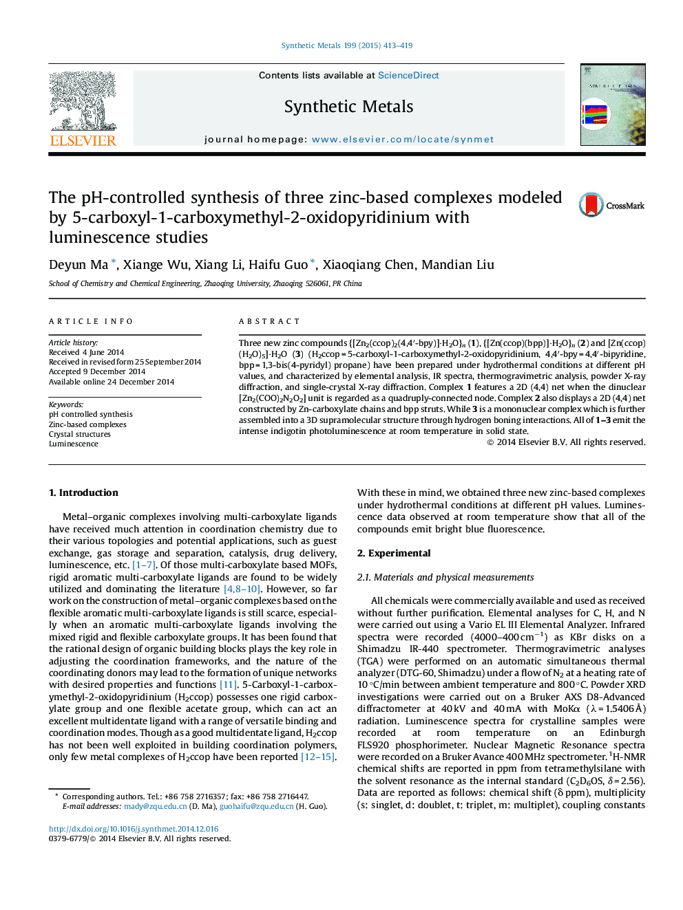 The pH-controlled synthesis of three zinc-based complexes modeled by 5-carboxyl-1-carboxymethyl-2-oxidopyridinium with luminescence studies