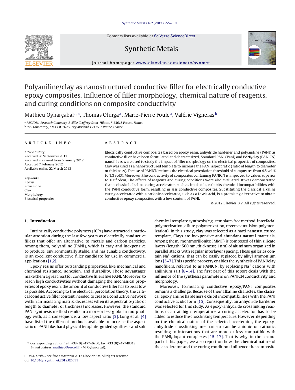 Polyaniline/clay as nanostructured conductive filler for electrically conductive epoxy composites. Influence of filler morphology, chemical nature of reagents, and curing conditions on composite conductivity