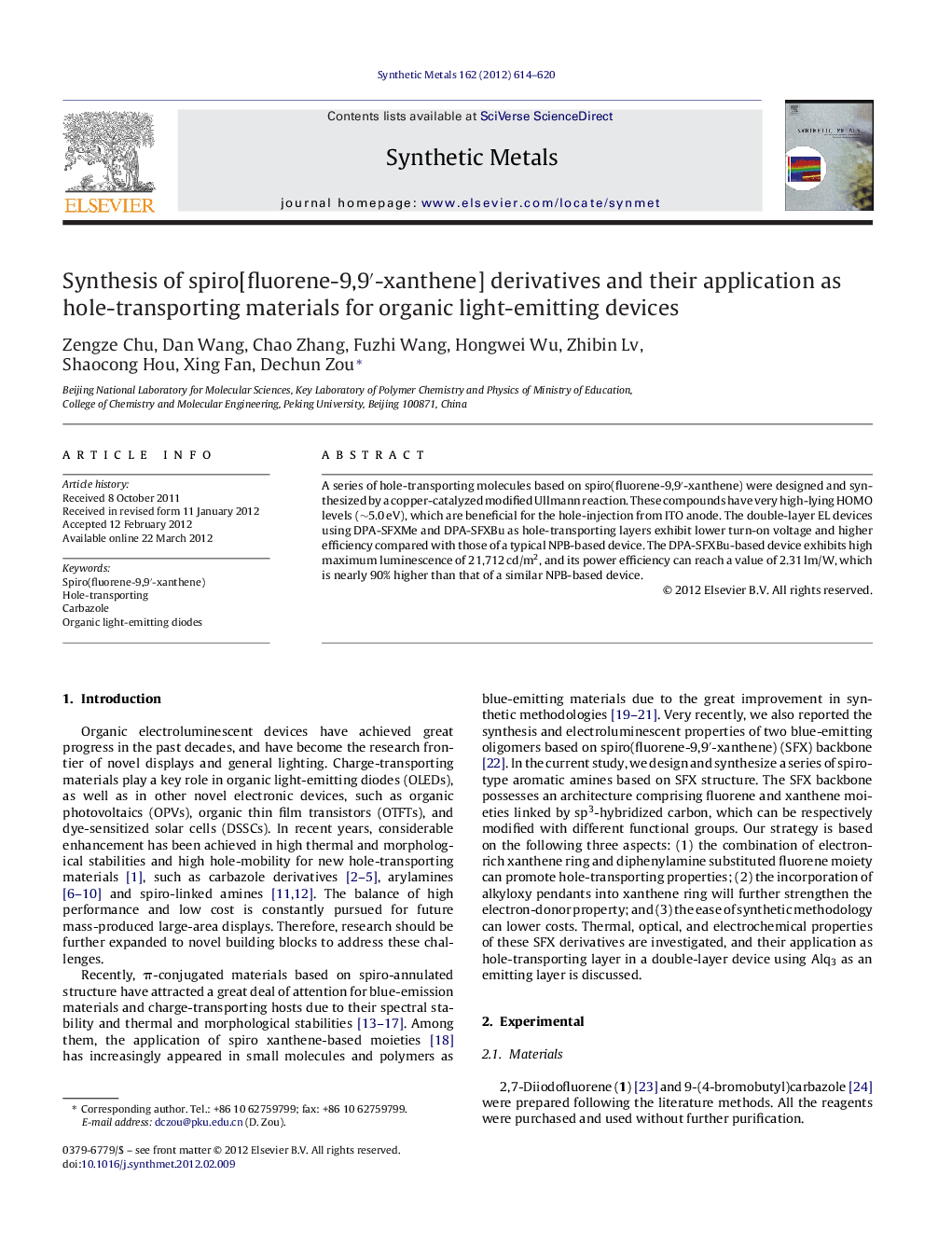 Synthesis of spiro[fluorene-9,9′-xanthene] derivatives and their application as hole-transporting materials for organic light-emitting devices