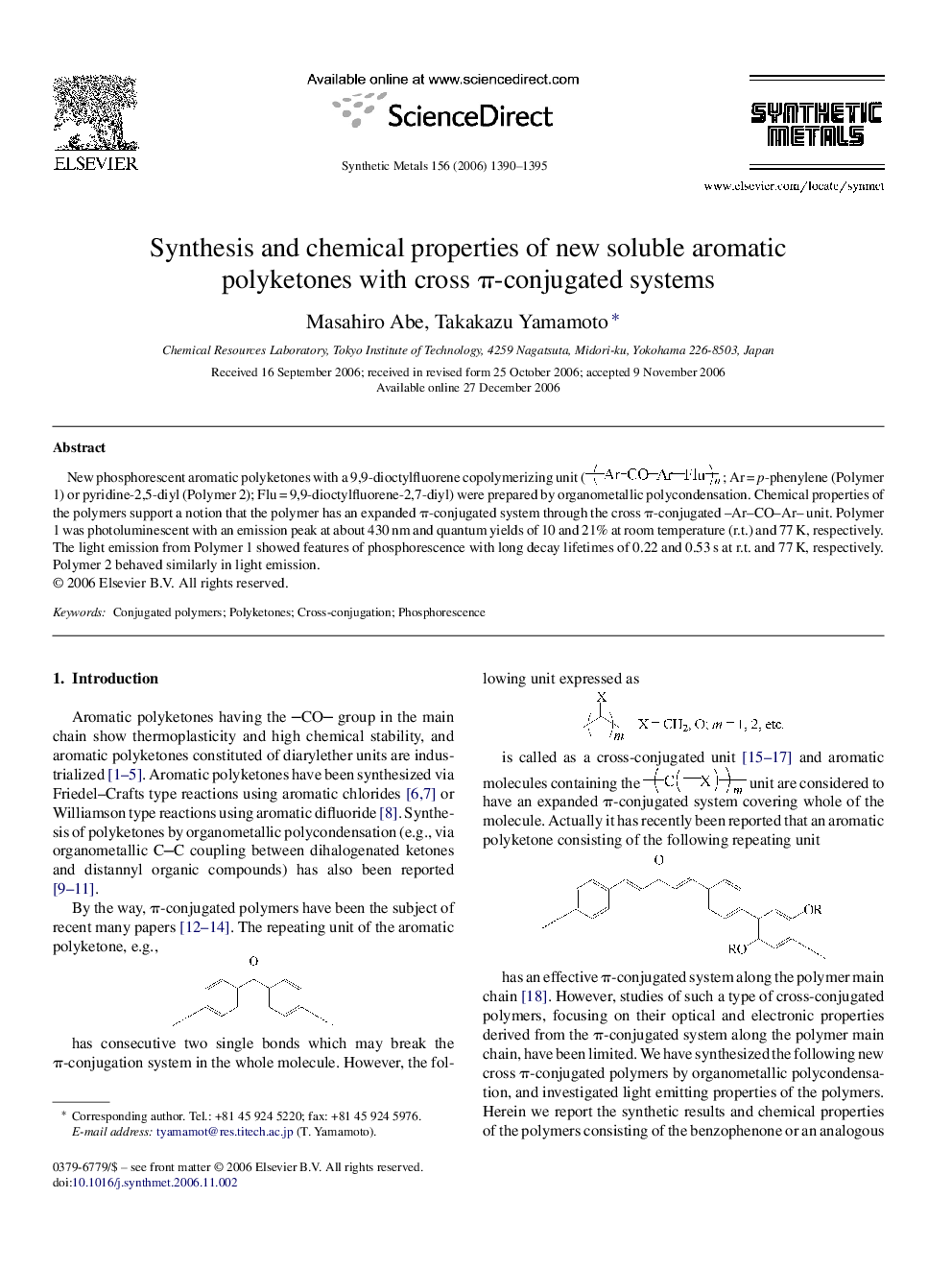 Synthesis and chemical properties of new soluble aromatic polyketones with cross π-conjugated systems