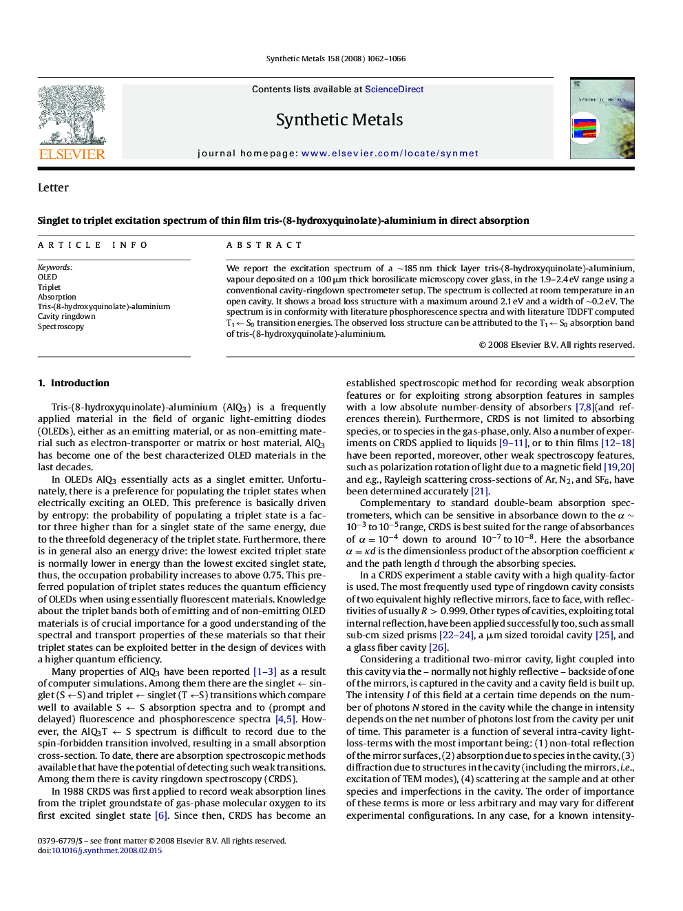 Singlet to triplet excitation spectrum of thin film tris-(8-hydroxyquinolate)-aluminium in direct absorption