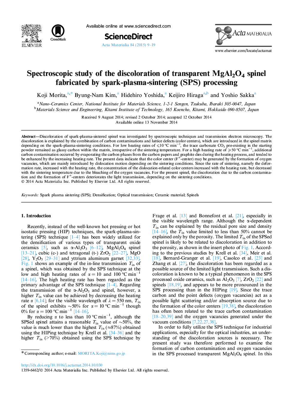 Spectroscopic study of the discoloration of transparent MgAl2O4 spinel fabricated by spark-plasma-sintering (SPS) processing