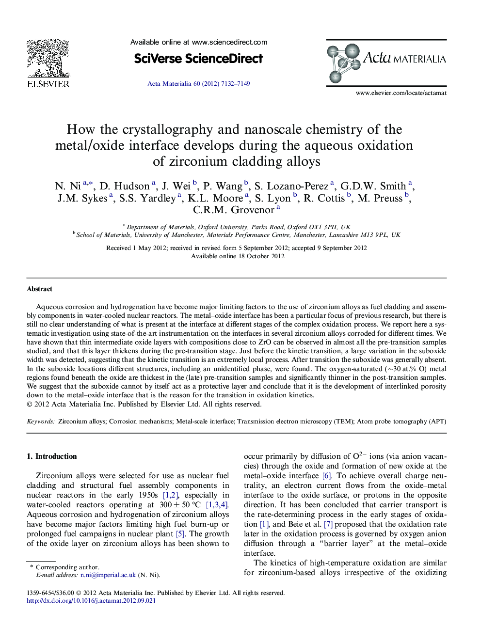 How the crystallography and nanoscale chemistry of the metal/oxide interface develops during the aqueous oxidation of zirconium cladding alloys