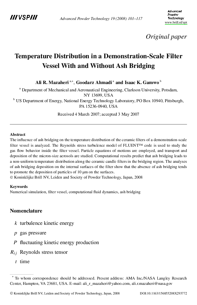 Temperature Distribution in a Demonstration-Scale Filter Vessel With and Without Ash Bridging