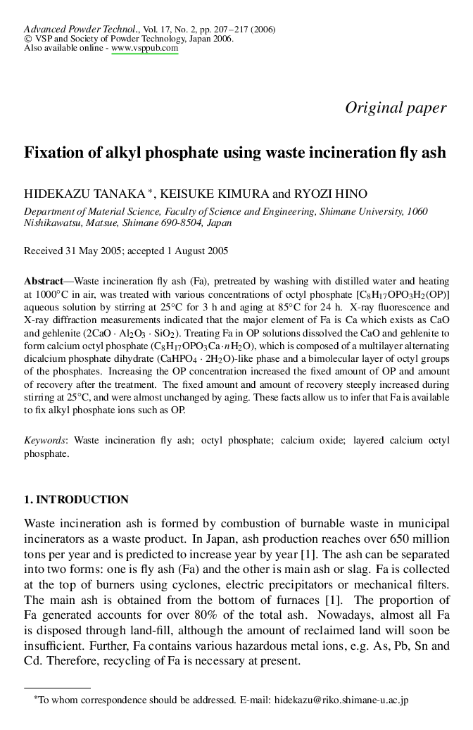 Fixation of alkyl phosphate using waste incineration fly ash