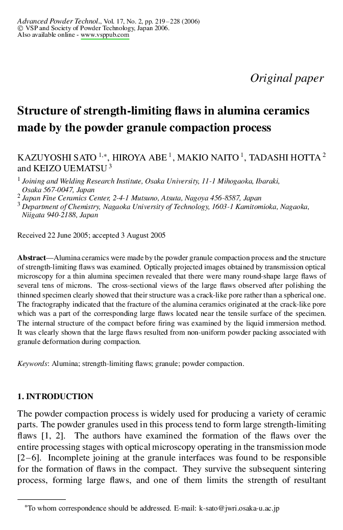 Structure of strength-limiting flaws in alumina ceramics made by the powder granule compaction process