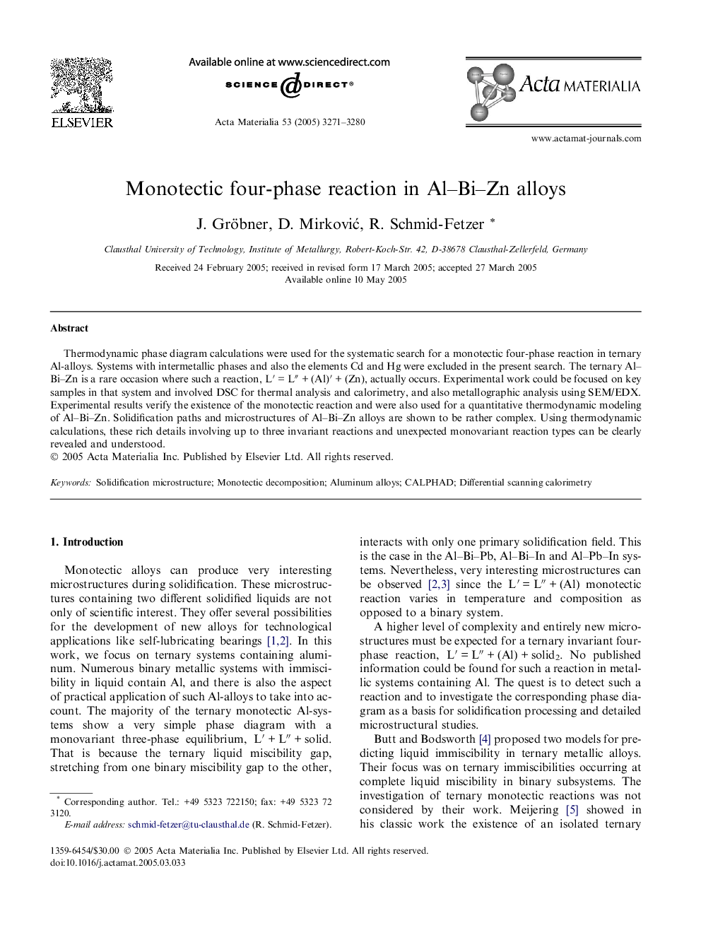 Monotectic four-phase reaction in Al–Bi–Zn alloys