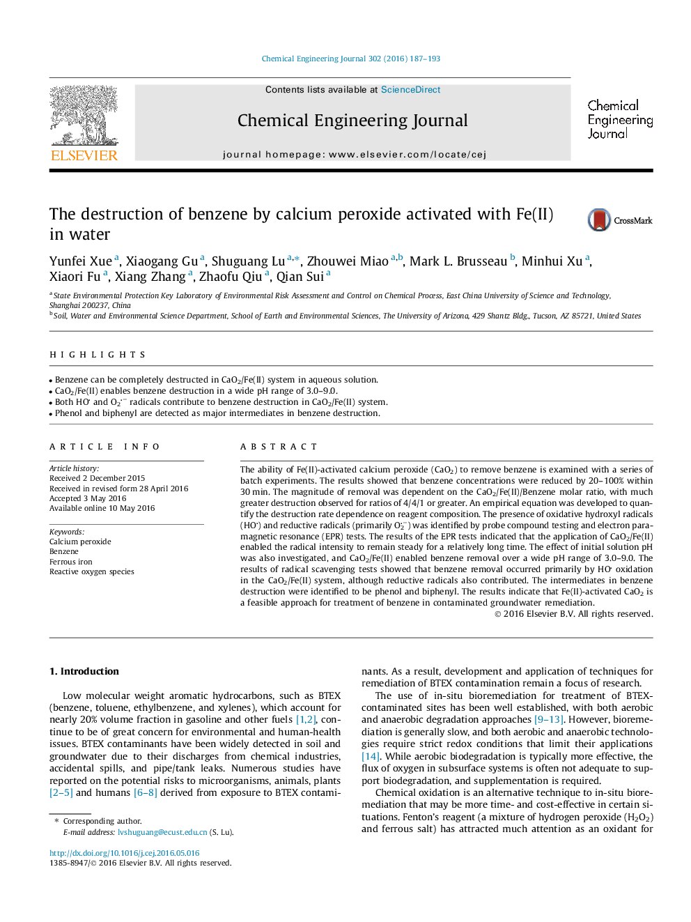 The destruction of benzene by calcium peroxide activated with Fe(II) in water