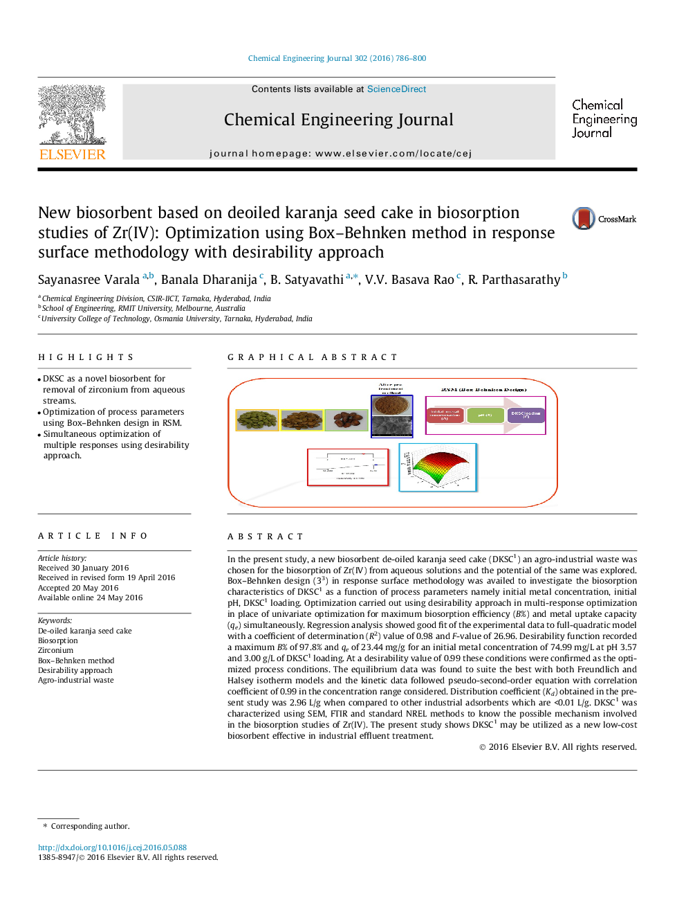 New biosorbent based on deoiled karanja seed cake in biosorption studies of Zr(IV): Optimization using Box–Behnken method in response surface methodology with desirability approach