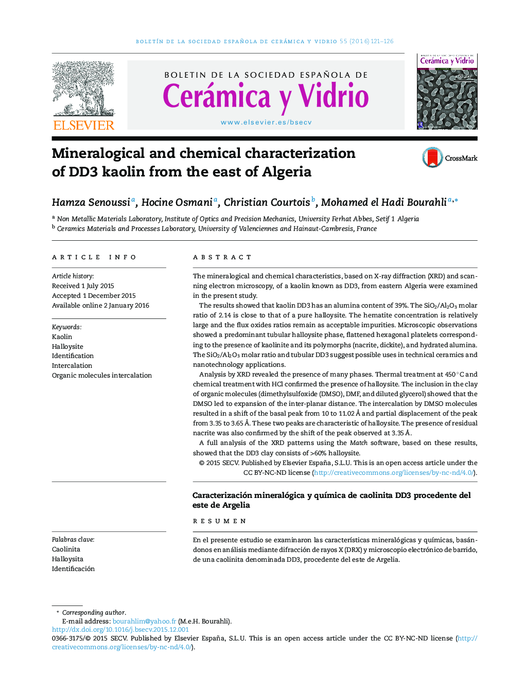 Mineralogical and chemical characterization of DD3 kaolin from the east of Algeria