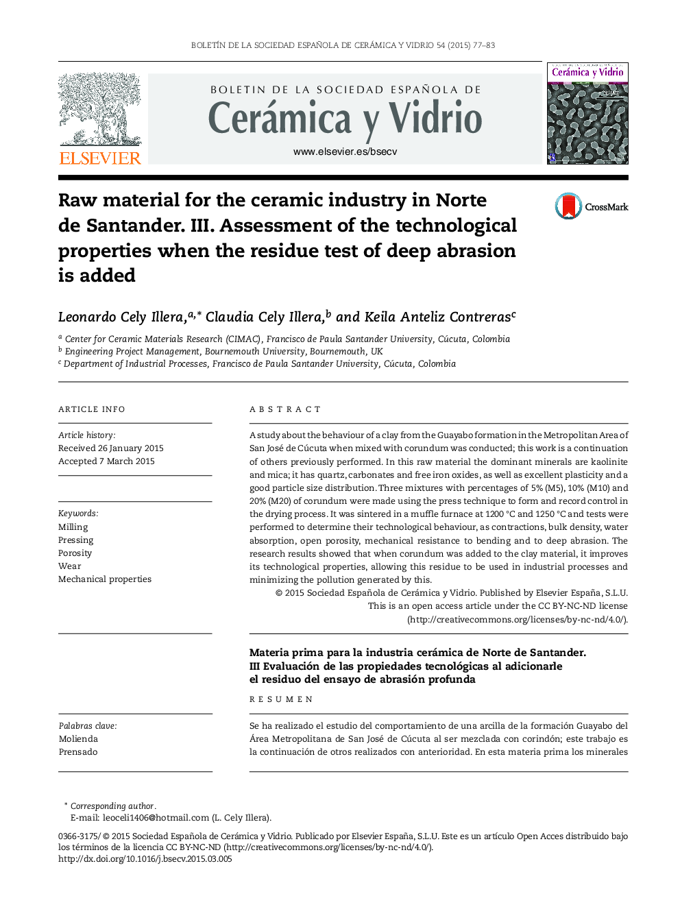 Raw material for the ceramic industry in Norte de Santander. III. Assessment of the technological properties when the residue test of deep abrasion is added