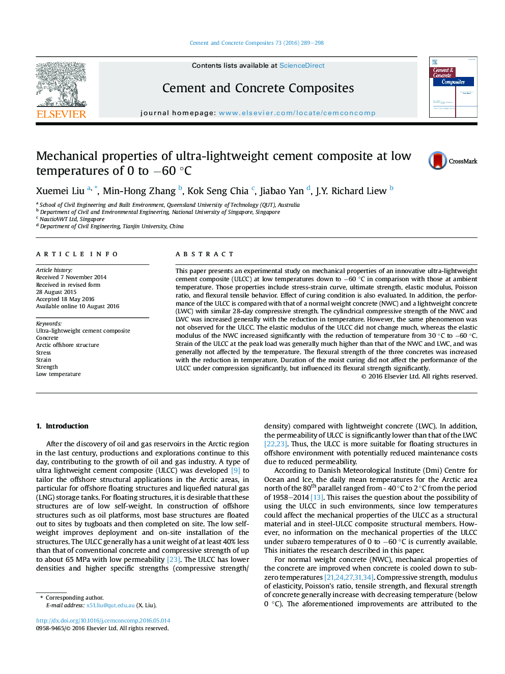Mechanical properties of ultra-lightweight cement composite at low temperatures of 0 to −60 °C