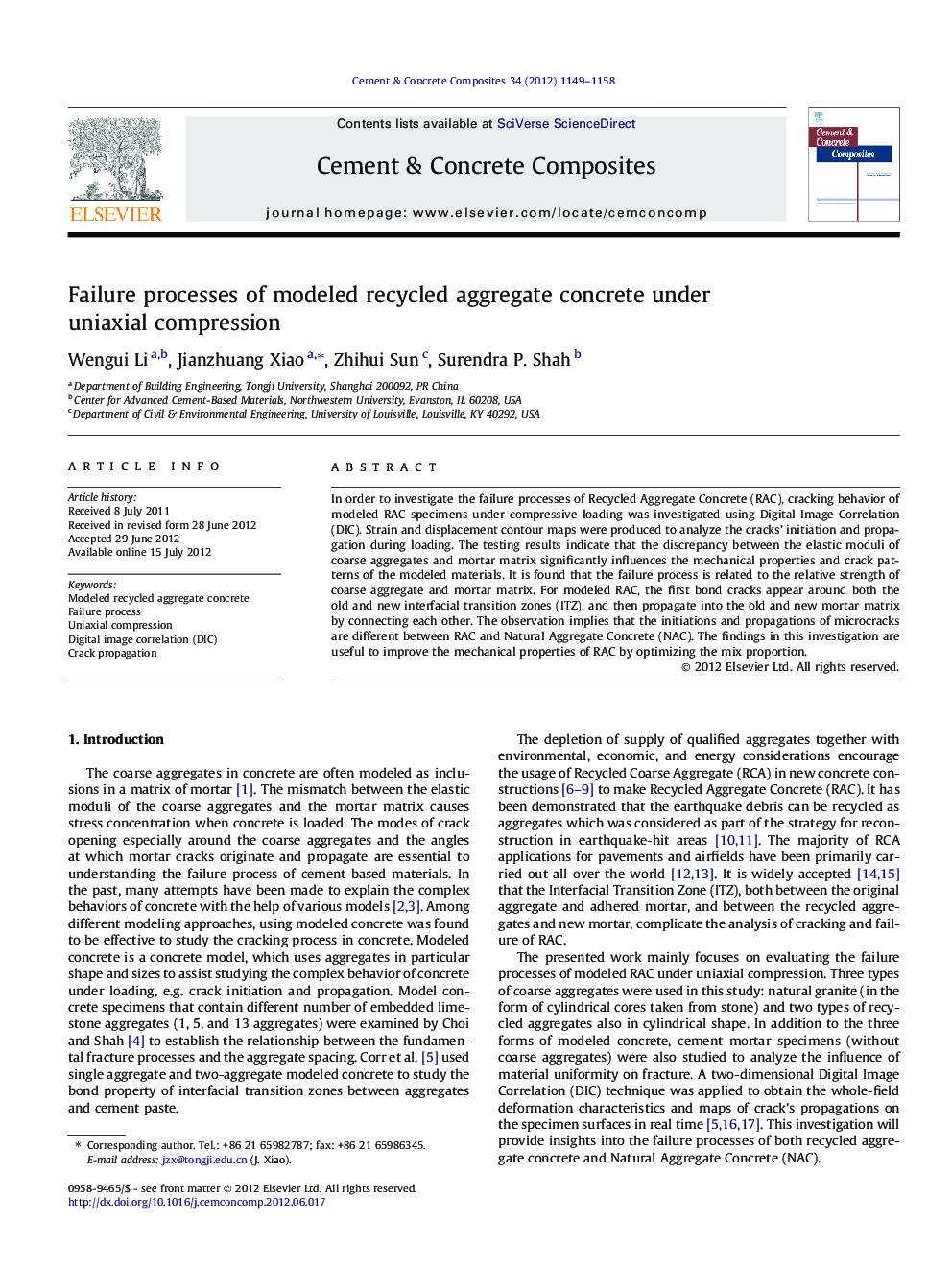 Failure processes of modeled recycled aggregate concrete under uniaxial compression