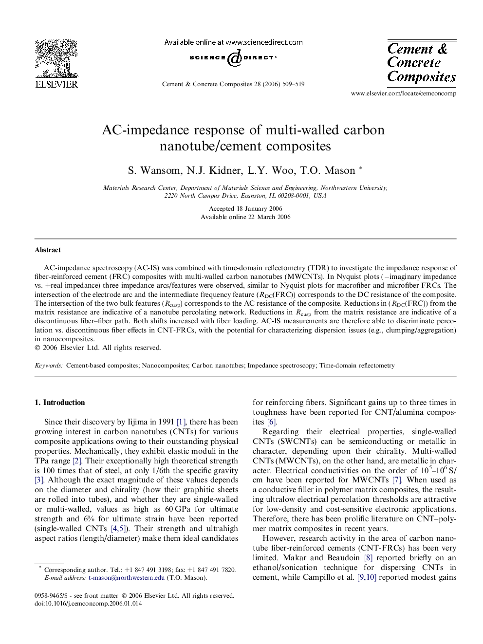 AC-impedance response of multi-walled carbon nanotube/cement composites