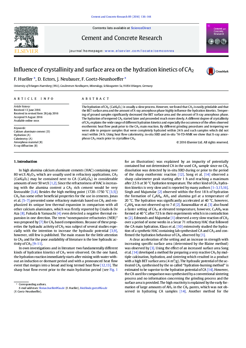 Influence of crystallinity and surface area on the hydration kinetics of CA2