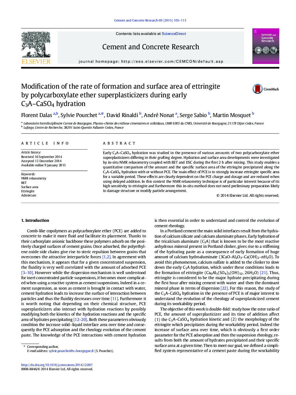 Modification of the rate of formation and surface area of ettringite by polycarboxylate ether superplasticizers during early C3A–CaSO4 hydration