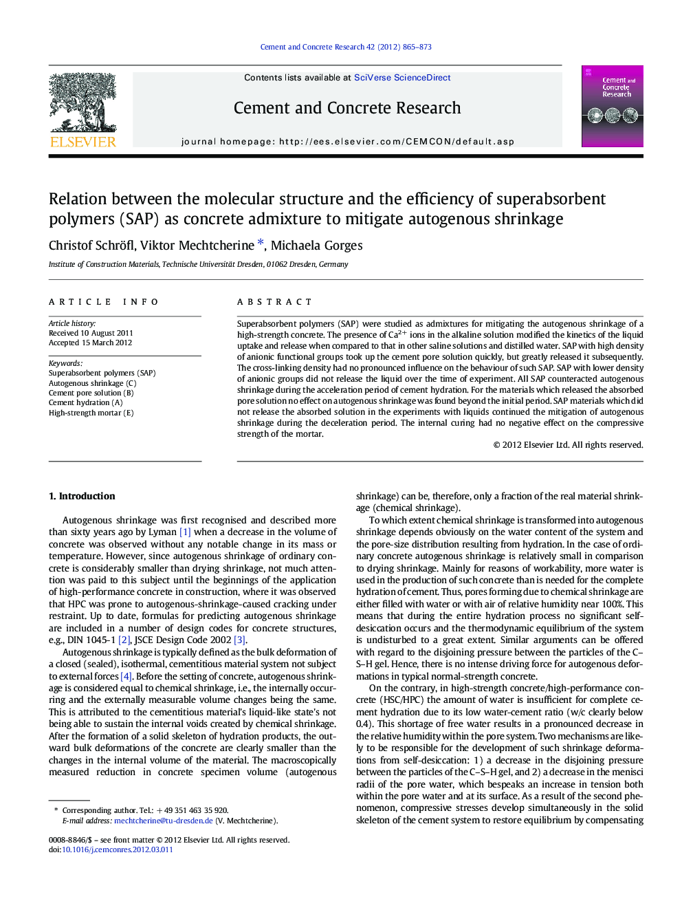 Relation between the molecular structure and the efficiency of superabsorbent polymers (SAP) as concrete admixture to mitigate autogenous shrinkage