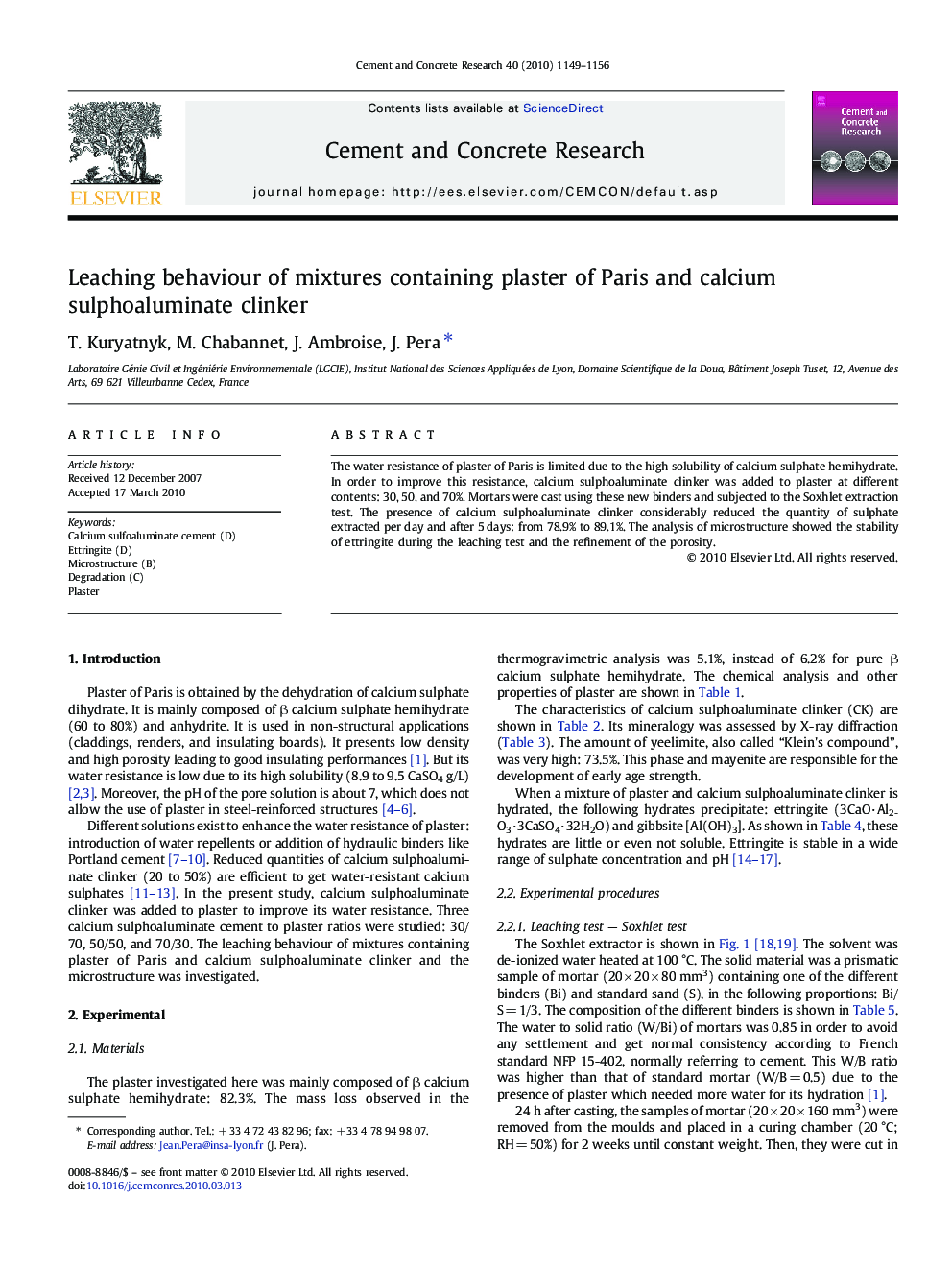 Leaching behaviour of mixtures containing plaster of Paris and calcium sulphoaluminate clinker