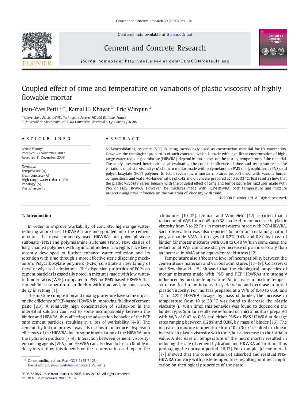 Coupled effect of time and temperature on variations of plastic viscosity of highly flowable mortar