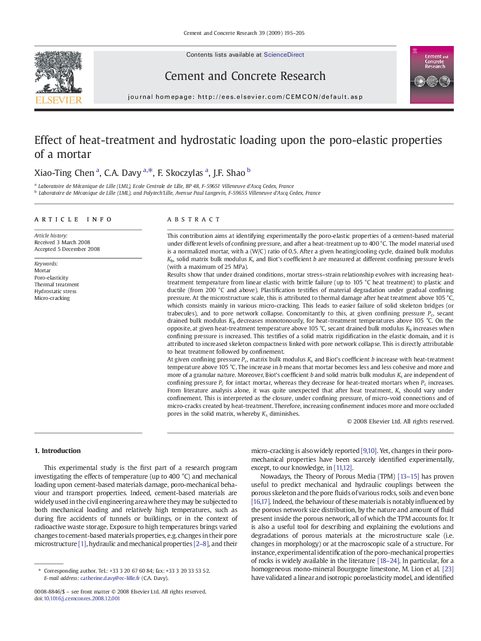 Effect of heat-treatment and hydrostatic loading upon the poro-elastic properties of a mortar